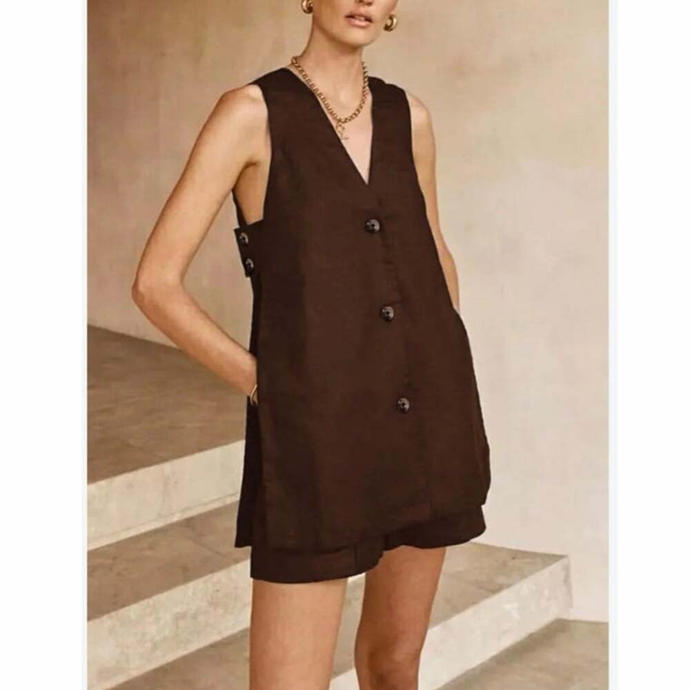Commense Brown Linen Blend Vest Shorts Matching Set Size Medium EUC